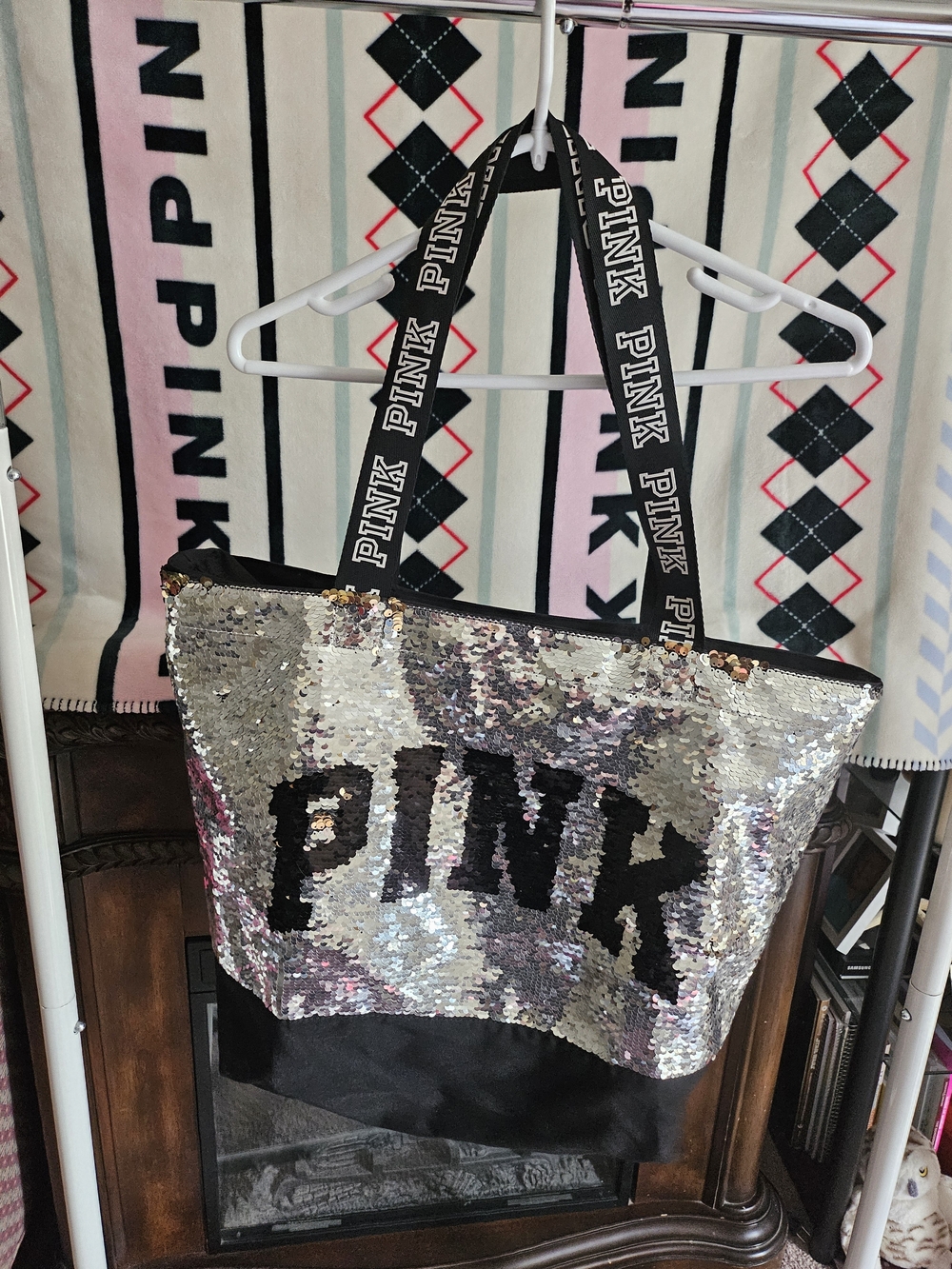 PINK Victoria's Secret Sequin Tote Bag with Black Straps
